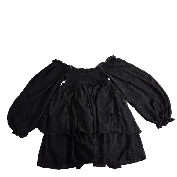 Altar'd State Black Flowy Layers Floral Embroidered Puff Sleeve XS Dress - Picture 2 of 8